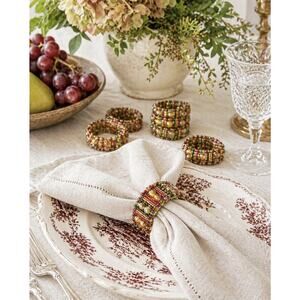Boho Beaded Napkin Rings Set Jewel Tone Burgundy Gold Artisan Table Decor